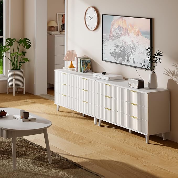Lulive White Dresser for Bedroom Wood Dressers Chest of Drawers, Fluted 53.2" Wide Modern Long Dresser TV Stand 6 Drawers for Bedroom, Closet, Living Room, Hallway (White)
