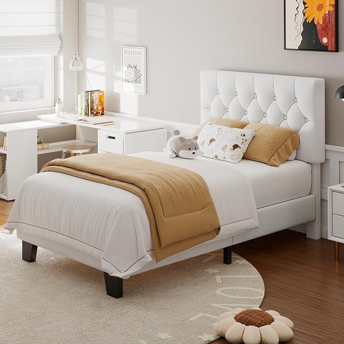 Feonase Velvet Twin Size Bed Frame with Button Tufted Headboard, Upholstered Bed with Wooden Slats Support, No Box Spring Needed, Easy Assembly, Noise-Free, White