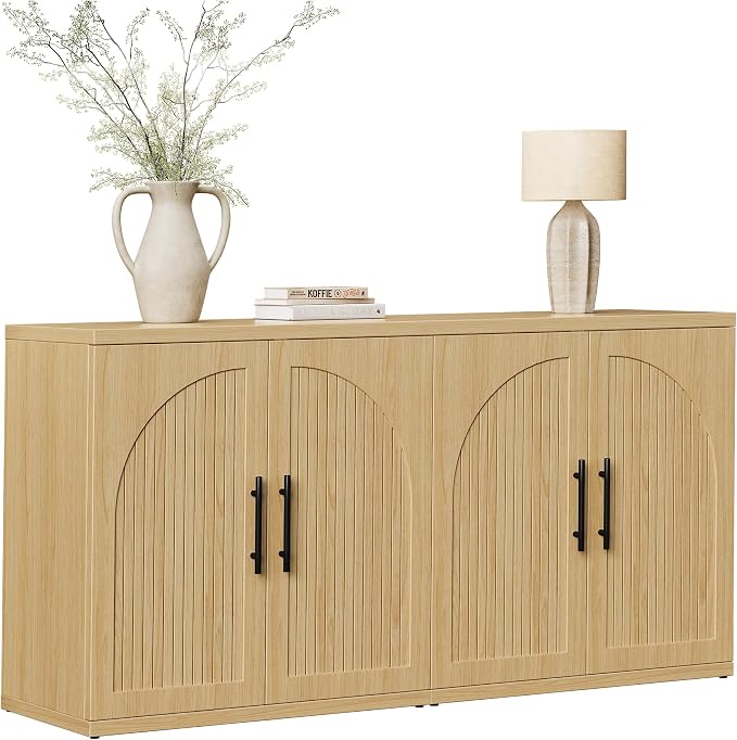 MapleGrace 63" Fluted Buffet Cabinet with Storage, Modern Symmetrical Arched Sideboard Credenza with Adjustable Shelf, Elegant Wood Console Table for Dining Room, Kitchen, Living Room(Oak)