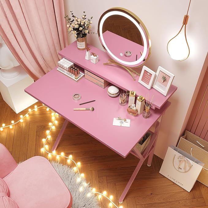 COTUBLR Small Desk, 27.5 Inch Small Computer Desk for Spaces, Computer Desks with Adjustable Monitor Stand, Compact Desks with Storage, Tiny Study Table for Bedroom Home Office, Pink