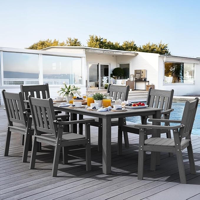 YEFU HIPS Patio Table Set: 7 Piece Patio Table and Chairs Outdoor Furniture Set with Umbrella Hole - Gray Modern Plastic Dining Sets 6 Person for Outside Deck with Metal Aluminum Frame