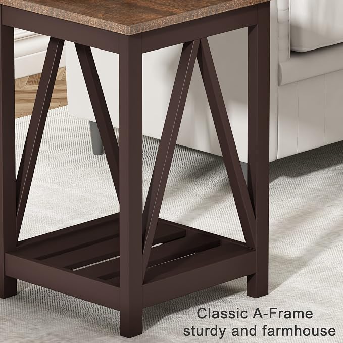 ChooChoo Farmhouse End Table, Rustic Vintage End Side Table with Storage Shelf for Small Spaces, Nightstand Sofa Table for Living Room, Bedroom Espresso 2 Pack
