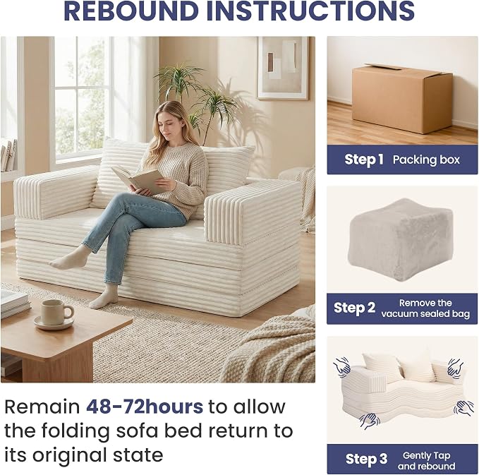 Convertible Sofa Bed, 4-in-1 Boneless Loveseat with Removable Armrests Backrest, Corduroy Futon Couch Bed with Pillow, Foldable Mattress Sleeper Sofa for Living Room Bedroom Small Place (Beige)