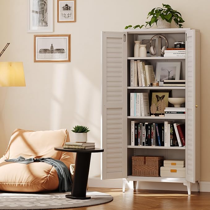 Metal Pantry Cabinet with 4 Adjustable Shelves, White Freestanding Kitchen Storage Cabinet for Dining Room, Kitchen, 63.58" H × 27.56" W × 13.78" D, Required Assembly, White