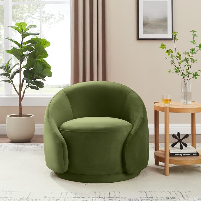 VANOMi Swivel Accent Chairs for Living Room, 34" Swivel Barrel Chair Oversized Armchairs Modern Velvet Reading Chairs for Bedroom, Corner, Apartment, Olive Green