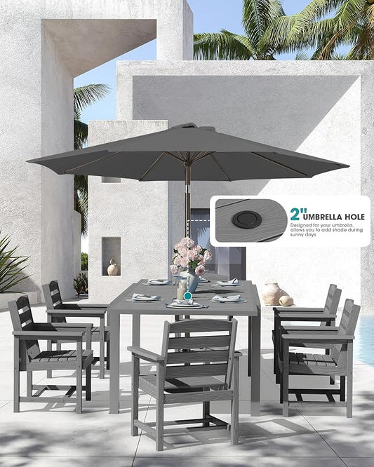 SERWALL 10-Piece Patio Dining Sets with 15FT Patio Umbrella, Grey | 60" - 83" Expandable Outdoor Dining Table and 8 HDPE Chairs, All Weather HDPE Outdoor Furniture Set