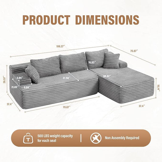 Hobestluk Boneless Couch Modular Sectional Sofa L-Shape Oversized Chaise | 108" Right Facing Chaise Light Grey,Memory Foam,Removable Cover,Non-slip Bottom,No Assemble Required,Living Room Furniture