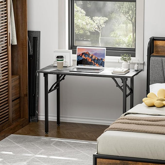TEMI Small Computer Desk Folding Table - No Assembly, Compact 43.3" Foldable Desk with Power Outlets & USB Charging Port, Portable Small Office Desk, Ideal Mini Study Table, Marble Greige