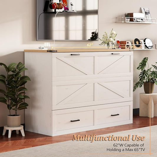 Bellemave Queen Size Murphy Bed, Cabinet Bed with Charging Station and Storage, Farmhouse Murphy Cabinet with Foldable Panel, Noisy Free, for Guest Bedroom, Living Room, Office, White
