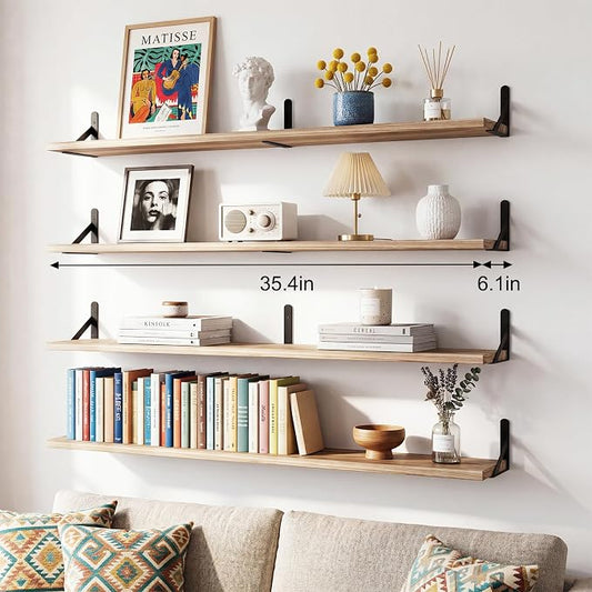 YGEOMER Floating Shelves for Wall, 35in Light Carbonized Brown Wall Shelves for Living Room, Bathroom, Bedroom, Kitchen, Home Decor (Set of 4)
