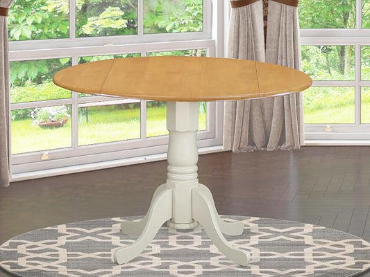 East West Furniture DLT-OLW-TP Dublin Modern Kitchen Table - a Round Dining Table Top with Dropleaf & Pedestal Base, 42x42 Inch, Oak & Linen White