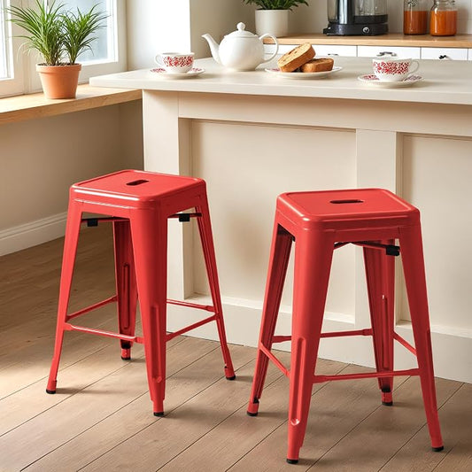 Furmax 24 Inch Metal Bar Stools Set of 4, Counter Height Bar Stools Height High Backless Stools Industrial Stackable Bar Chairs for Dining Room Kitchen Indoor Outdoor Stools Bar Chairs (Red)