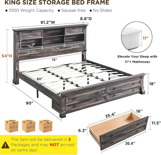 Farmhouse King Size Bed Frame with 54" Tall Headboard, Headboard with 4 Storage Rack, 2 Drawers, 18" Roman Column Decoration Footboard, Wood Platform Bed Frame, No Box Spring Needed(Dark Rustic Oak)