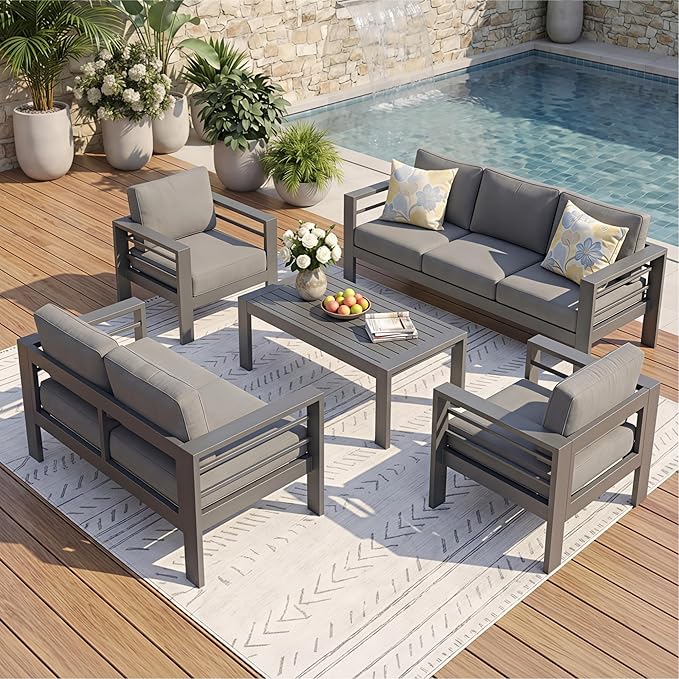 Solaste 7-Seaters Aluminum Outdoor Patio Furniture Set, Patio Sectional with 5" Thick Cushion, Outdoor Furniture with Coffee Table, Patio Sofa for Porch, Backyard, Deck, Yard, Dark Grey