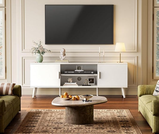 SUPERJARE TV Stand for 55 Inch TV, Entertainment Center with Adjustable Shelf, 2 Cabinets, TV Console Table, Media Console, Solid Wood Feet, Cord Holes, for Living Room, Bedroom, White