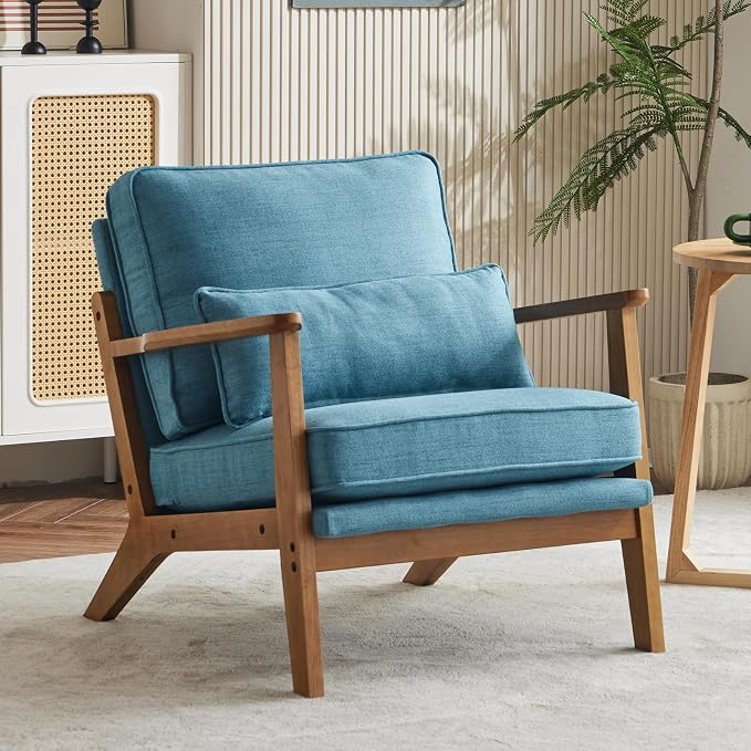 VINGLI Solid Wood Wide Armrests Accent Chair Set of 2,Upholstered Mid Century Modern Chair with Pillow,Comfy Reading Chair,Chairs Living Room,Bedroom,Guest Room,Linen Fabric,Navy Blue