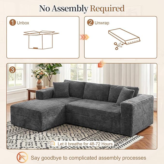 Vongrasig 103" Boneless Sectional Couches for Living Room, L-Shaped Chaise Modular Cloud Couch with Cup Holders on Armrests, Plush Corduroy Comfy Sofa with Memory Foam, No Assembly Required (Grey)