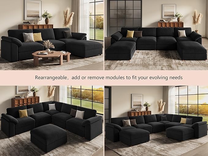 EASE MOOSE Black Modular Sectional deep Sofa, Modern Comfty Large L Shape Sectional Deep Couch with Ottoman, Oversized Modular Sofa for Living Room