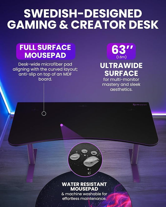 Arozzi Arena Large Gamer Desk - 63x32” Adjustable Height PC Gaming Desk with Storage for Cables & Triple-Monitor Support - Full-Surface Washable Mousepad - Purple