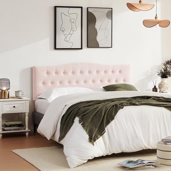 Tufted Headboard California King Size, Sturdy Solid Wood Head Board, Pink | Upholstered California King Headboard with Solid Wood Legs, Adjustable Height 37-51 in, Fabric Button Diamond HeadBoards