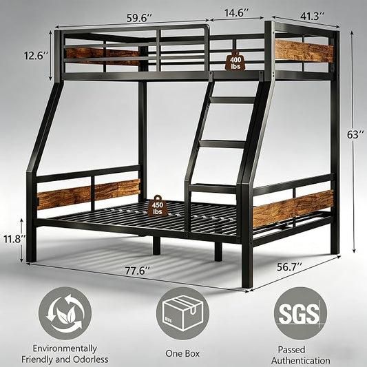 Bunk Bed Twin Over Full, Heavy Duty Metal Bunkbeds with Full-Length Guardrail, Space-Saving Steel Bed for Kids & Adults, No Box Spring Required, Rustic Brown