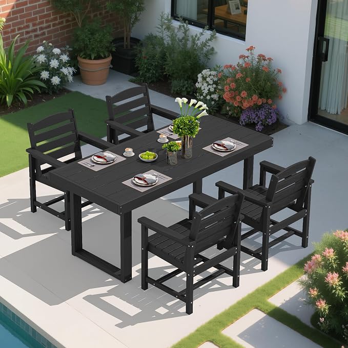 SERWALL HDPE Outdoor Dining Set for 4, 67'' Patio Table and Chairs Set | with Armchair Seat