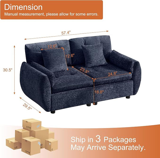 57" Modular Loveseat Cloud Sofa, Deep Seat Tufted Chenille Sectional Love Seat Couch with Curved Arms, 2-Seater Couches for Living Room, Blue