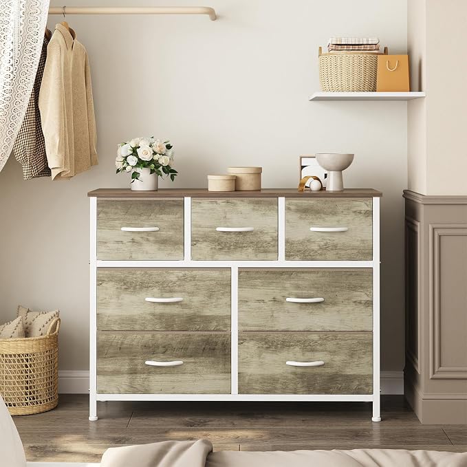 Sweetcrispy 7 Drawer Dresser with Fabric Bins, Fabric Storage Tower Organizer for Bedroom, Closet, Hallway, Entryway, Tall Chest of Drawers with Steel Frame, Wood Top, Large Storage, Greige Oak
