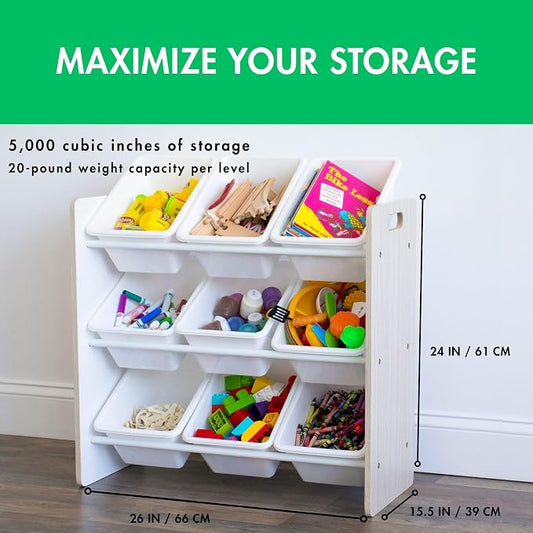 Humble Crew Toy Storage Organizer with 9 Removable Storage Bins for Kids Playroom, 3-Tier Toddler Toy Organization, Light Wood/White