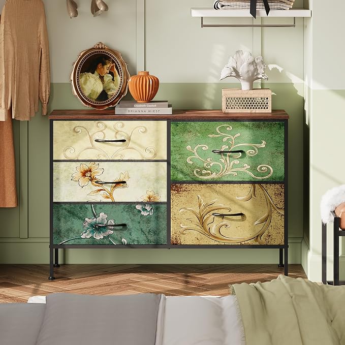 WLIVE Dresser for Bedroom with 5 Drawers, Wide Chest of Drawers for Bedroom, Fabric Dresser for Living Room, Closet, Hallway, Floral Painted