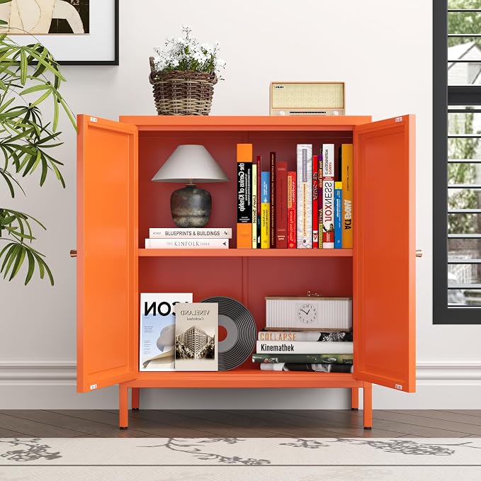 Metal Accent Storage Cabinet for Bedroom, LivingRoom, Office,Kitchen- Metal Locker Cabinet with 1 Adjustable Shelves-Bathroom Floor Storage Cabinet Freestanding Organizer (Square Door, orange)