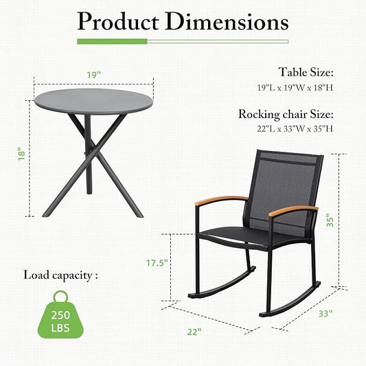 Shintenchi 3 Pieces Patio Rocking Bistro Sets,Outdoor Textilene Fabric Conversation Bistro Set,Front Porch Rocker Chairs Small Patio Furniture Set with Table for Lawn,Garden,Balcony(Black)