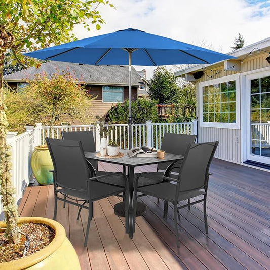 SUNCROWN 6 - Piece Outdoor Dining Set, Patio Furniture Set with 4 Textilene Dinning Chairs, 1 Steel Slat Metal Bistro Table and 1 Dark Blue 9Ft Patio Umbrella for Lawn Garden Backyard Deck, Black