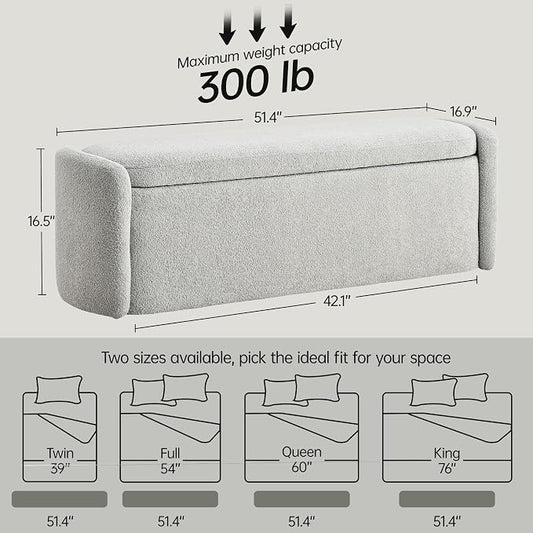VKNOW 51" Storage Ottoman Bench, Upholstered End of Bed Bench with Smooth Hinges, Oval Large Ottoman Bench for Bedroom, Living Room and Hallway Entryway, Grey