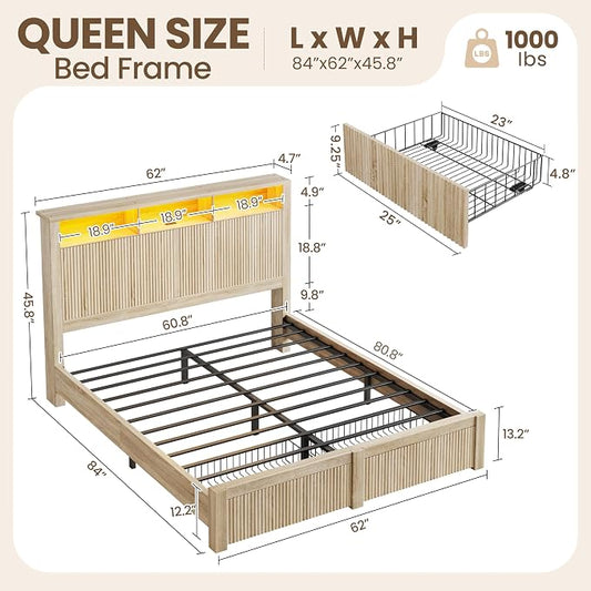 CypBed Queen Size Bed Frame with Headboard and Storage Drawers, Queen Bed Frame with LED Light and Charging Port, Farmhouse Wavy Design, Wood & Metal Platform, Noise-Free, No Box Spring Needed, Wood
