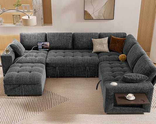 Vipbear 111" Modular Sectional Sleeper Sofa with Pull Out Bed, 7 Seat Chenille L Shaped Couch with Storage Ottoman|USB Ports|Cup Holders|Side Table|LED Light, Tool Free Assembly, Grey