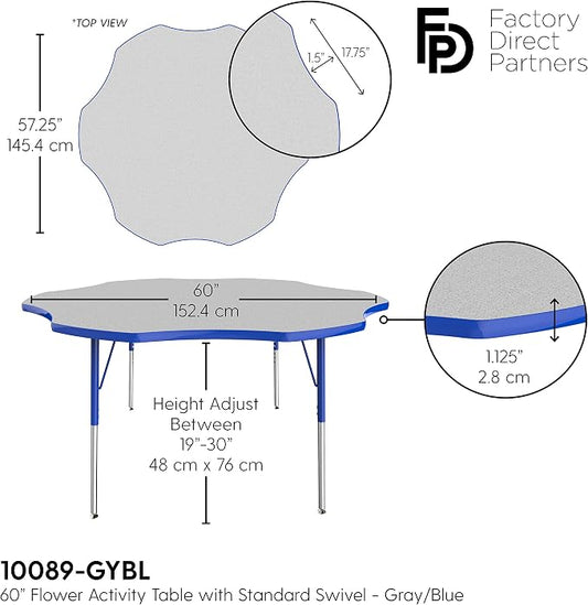 FDP Flower Activity School and Office Table (60 inch), Standard Legs with Swivel Glides for Collaborative Seating Environments, Adjustable Height 19-30 inches - Gray Top and Blue Edge
