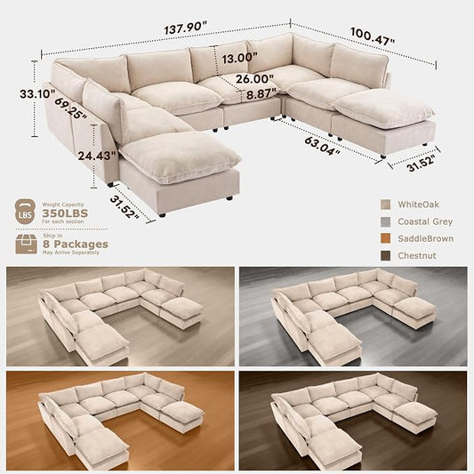 Iroomy Cloud Couch Sectional, Oversized Chenille Modular Sofa, Deep Comfy Seat, 8-Seater Sofas Couches, Living Room, Beige