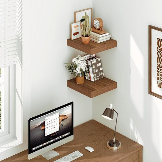 Vivelove Rustic Floating Shelves for Wall 12 Inch Deep, 12" X 12" X 1.5" Floating Shelf, 2 Inch Thick Shelf for Living Room Bathroom Bedroom Kitchen Office, Rustic Farmhouse Decor Set of 2, Walnut