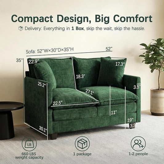 52" Loveseat Sofa, Modern Love Seat Couches, Small Loveseat for Small Spaces, Comfy Chenille Deep Seat Cloud Loveseat for Living Room, Bedroom, Apartment and Office, Green