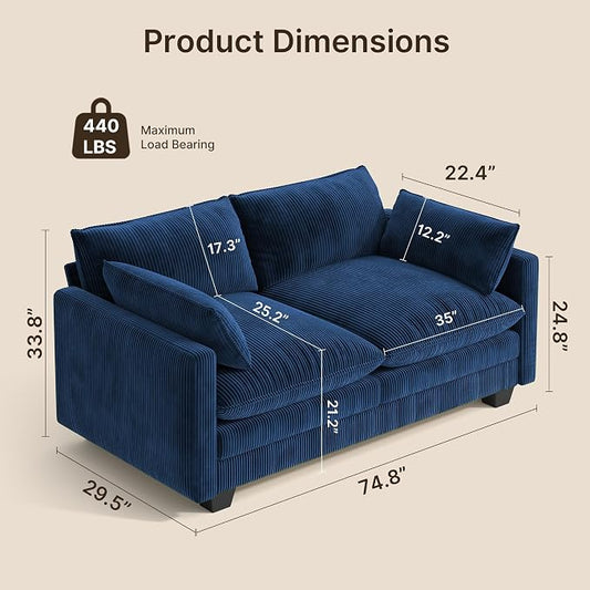 Gizoon 75” Small Cloud Loveseat Couches for Living Room, 2 Seater Love Seat Sofa with Comfy Deep Seat, Small Washable Couches with Removable Corduroy Cover for Apartment, Blue