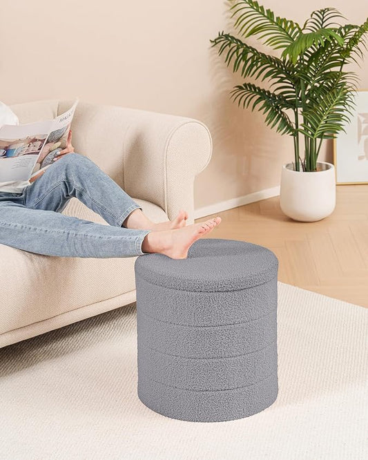 B FSOBEIIALEO Ottoman with Stroage, Round Sherpa Storage Ottoman Stool, Boucle Foot Rest 16.9"x16.9"x17.7"(Grey
