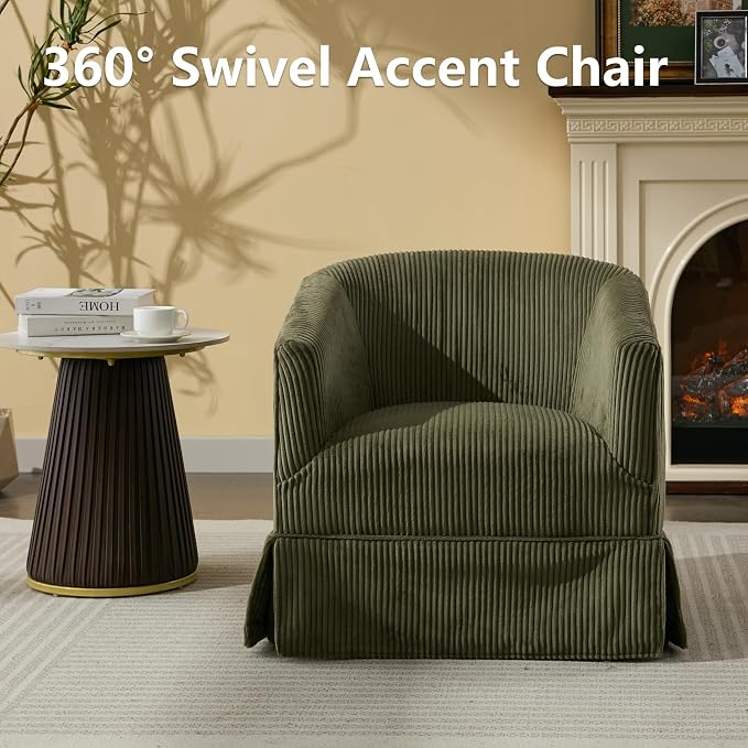 Swivel Accent Chairs Set of 2 for Living Room, 360° Upholstered Barrel Swivel Chairs with Skirted Base, Modern Linen Armchairs for Bedroom, Reading Nook, Small Space, Corduroy Green