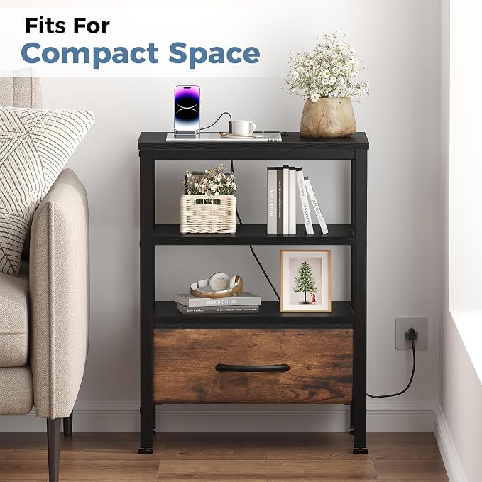DUMOS Nightstand Set of 2 with Wireless Charging Station Bed Side Tables with Adjustable Fabric Drawers 3-Tier Storage End Tables Modern Design,Black and Brown