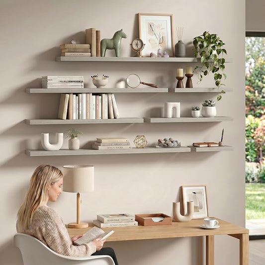 Fun Memories 66 Inch Floating Shelves - Fireplace Mantel Shelf - Deep Wall Mounted Wood Storage Shelf for Bedroom, Kitchen, Farmhouse - 2 Pack, Grey
