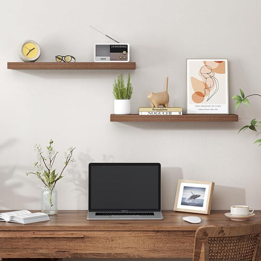 Heimlove 24 Inch Floating Shelves for Wall,Mounted Storage Wood Shelves with Invisible Brackets Hanging Shelf for Bedroom,Living Room,Kitchen,Office,Set of 2,Walnut Color