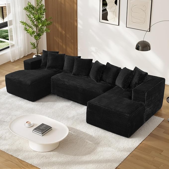 131" Oversized U Shaped Cloud Sectional Couches for Living Room, Comfy Fluffy Corduroy Black Boneless Sectionals Couch, Plush Memory Foam Modular Sectional Sofa with Chaise- 19" Seat Height