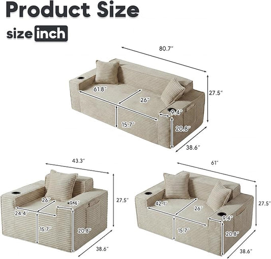 Boneless Sectional Sofa 3 Piece Set with Cup Holders & Side Pockets, Modern Corduroy Fabric Deep Seat Cloud Couch Living Room, Office, No Assembly (Camel)