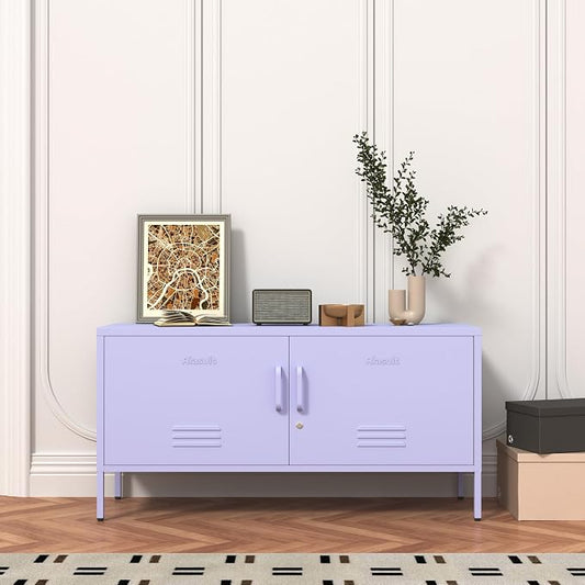 Wide Lockable Metal TV Stand with Accent Cabinet Locker, Heavy Duty Entertainment Center for Bedroom, Adjustable Shelves & 2 Doors, Multifunctional Storage Cabinet for Home 22"H X 35.4"W X 13.8"D