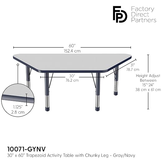 FDP Trapezoid Activity School and Classroom Kids Table (30 x 60 inch), Chunky Toddler Legs for Collaborative Seating Environments, Adjustable Height 15-24 inches - Gray Top and Navy Edge